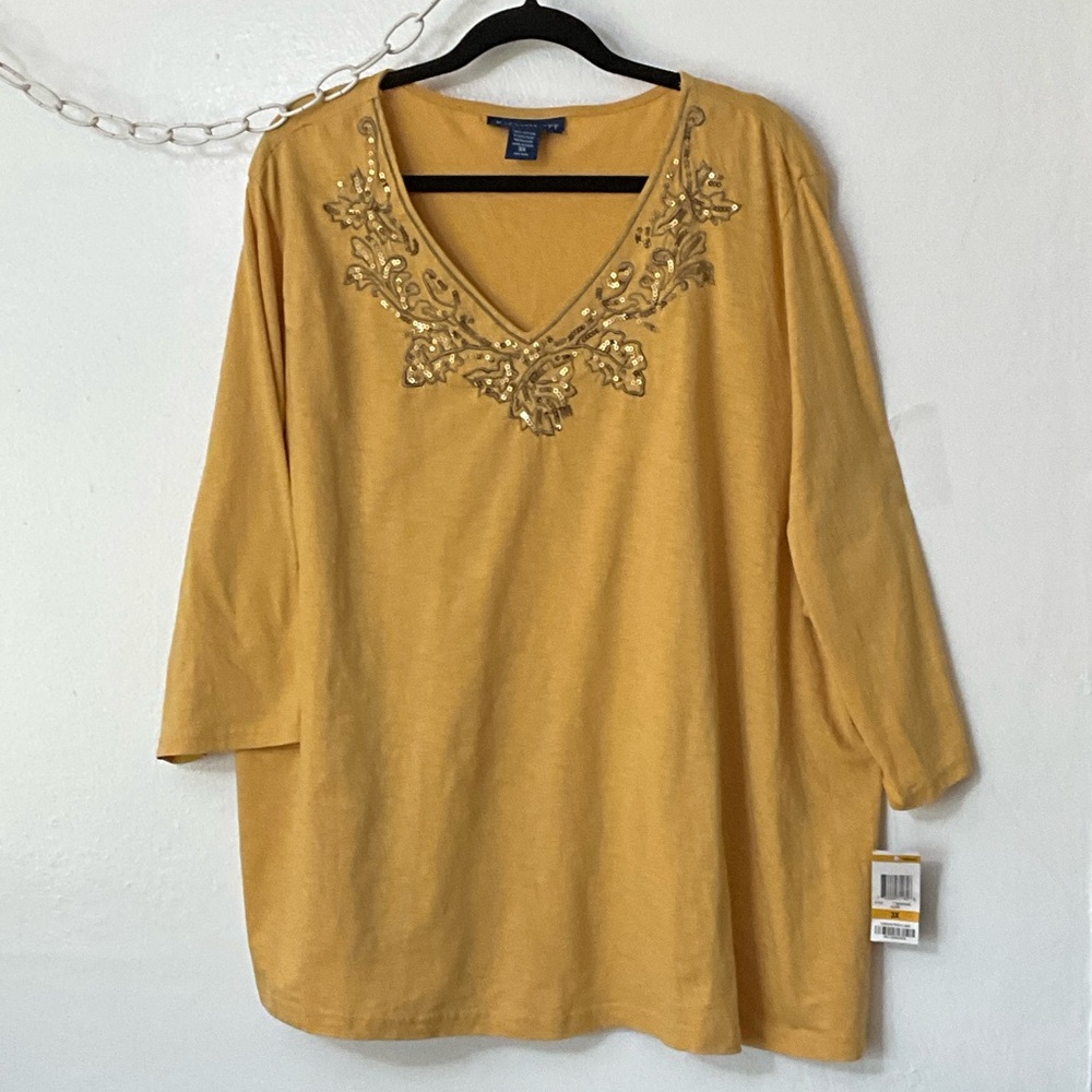 Karen Scott Mustard V-Neck Long Sleeve Top with Sequin Detail